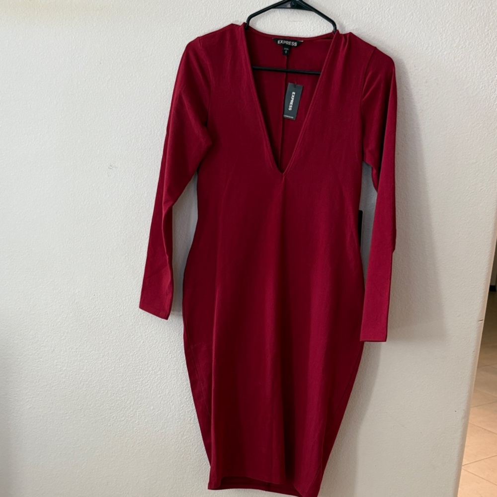 Express Deep V-Neck Red Long Sleeve Dress